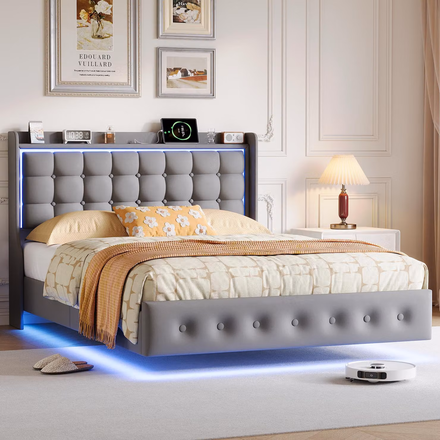 Letto 160x200 cm in velluto grigio, illuminazione LED RGB, stazione di ricarica USB/Type-C, letto sospeso