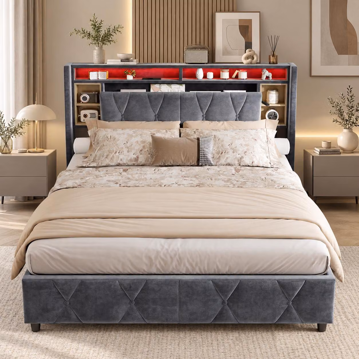 Letto imbottito INONEFT 140x200 cm con LED e USB, letto con sistema di sollevamento idraulico e spazio contenitore, letto matrimoniale per ragazzi con testiera imbottita e spazio contenitore, in velluto, colore grigio