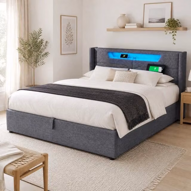Letto contenitore 160x200 grigio con LED, USB e Type-C