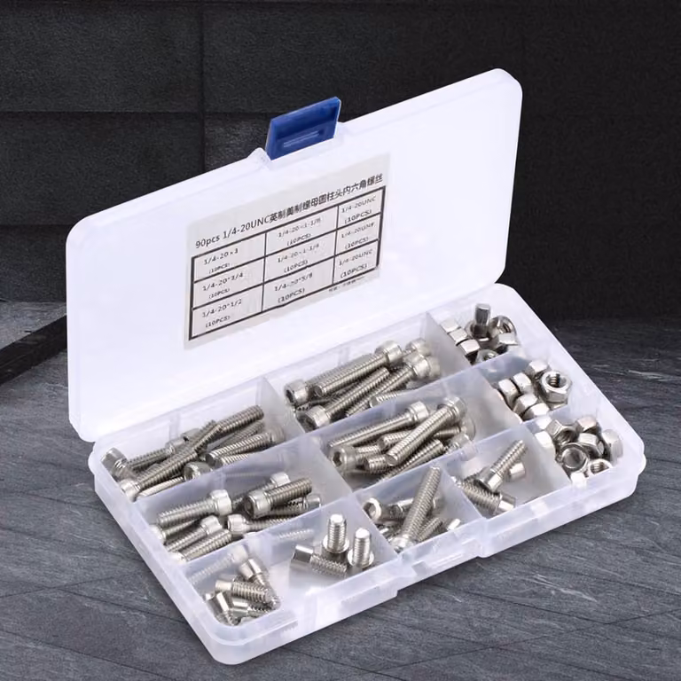 90 pezzi Viti a macchina con testa a Esagono UNC in acciaio inox Viti di precisione e dadi Kit di assortimento 1/4-20 | varie dimensioni