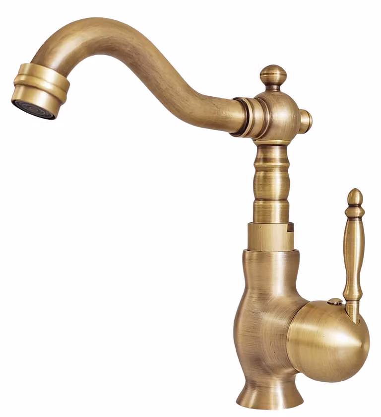 Rubinetto vintage per lavabo, in ottone anticato, con bocchetta da 16 cm, girevole a 360°