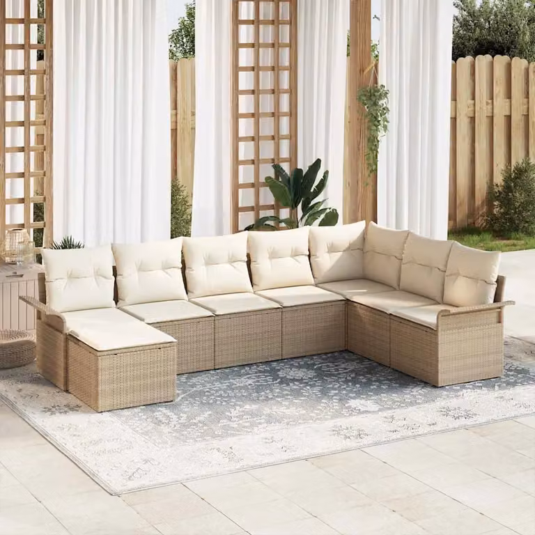 Set Divano da Giardino vidaXL 8 pz Beige con Cuscini e Tavolino, Design Moderno a L in Polyrattan e Metallo con Struttura in Acciaio Verniciato a Polvere