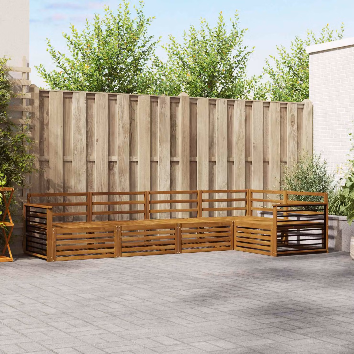 Set di divani da esterno vidaXL a forma di L in legno di acacia marrone con 5 pezzi e cuscini inclusi