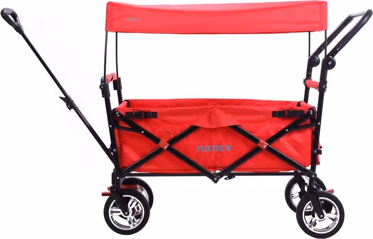 Carrello manuale FUXTEC rosso FX-CT700 - con tettuccio parasole | fino a 75 kg | maniglia di spinta aggiuntiva | sistema a doppio freno | 2 posti a sedere | 120 cm x 56 cm x 98 cm rosso