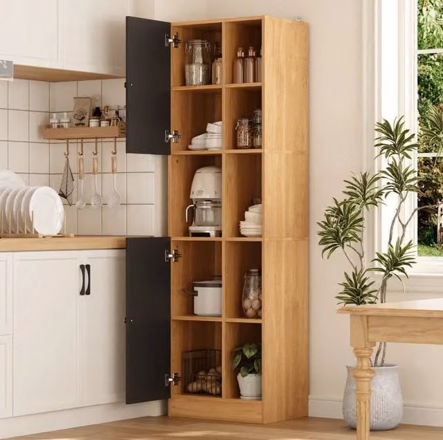 Mobile angolare da cucina 50x35,5x170 cm in MDF nero e legno, salvaspazio –