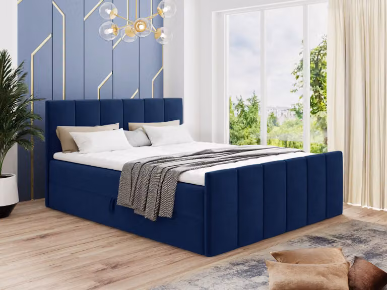 Letto boxspring Star Lux con pediera, 2 cassetti e coprimaterasso - Letto matrimoniale con coprimaterasso, materasso Bonell, letto imbottito, letto (blu scuro (Kronos 09), 180 x 200 cm)