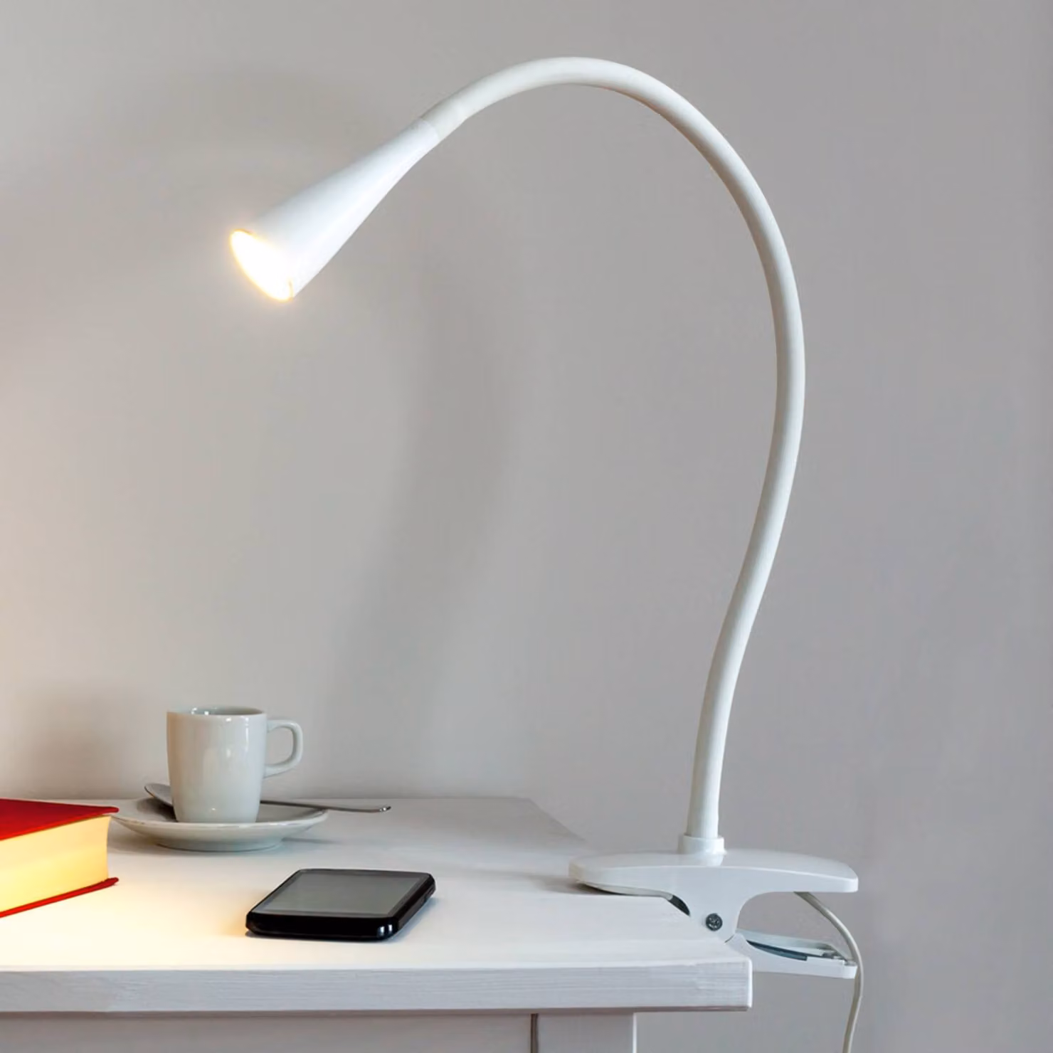 Lampada con morsetto BARIS Lindby, Bianco / Opale, Studio / Ufficio, Metallo, Moderno, Lampada con morsetto