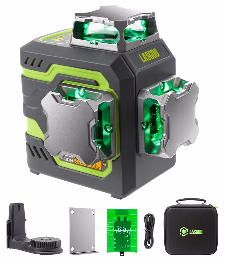 Livella laser a raggio verde, 3x360°, con linea laser incrociata - Autolivellante - Materiale: metallo e plastica