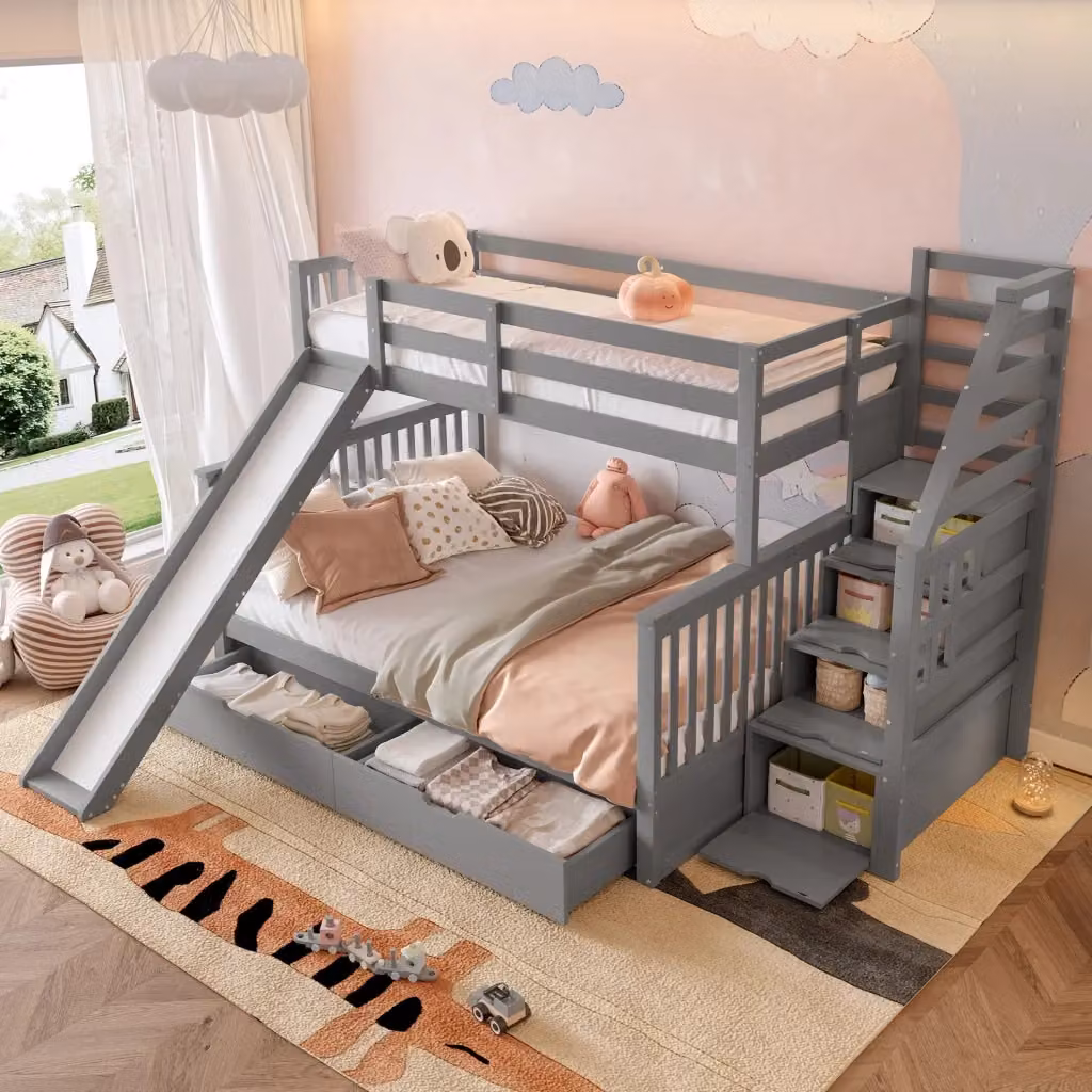Letto a castello per bambini in legno e MDF con scala, cassetti e struttura a casetta, colore grigio, H 254 cm x L 238,5 cm x P 163 cm – 2
