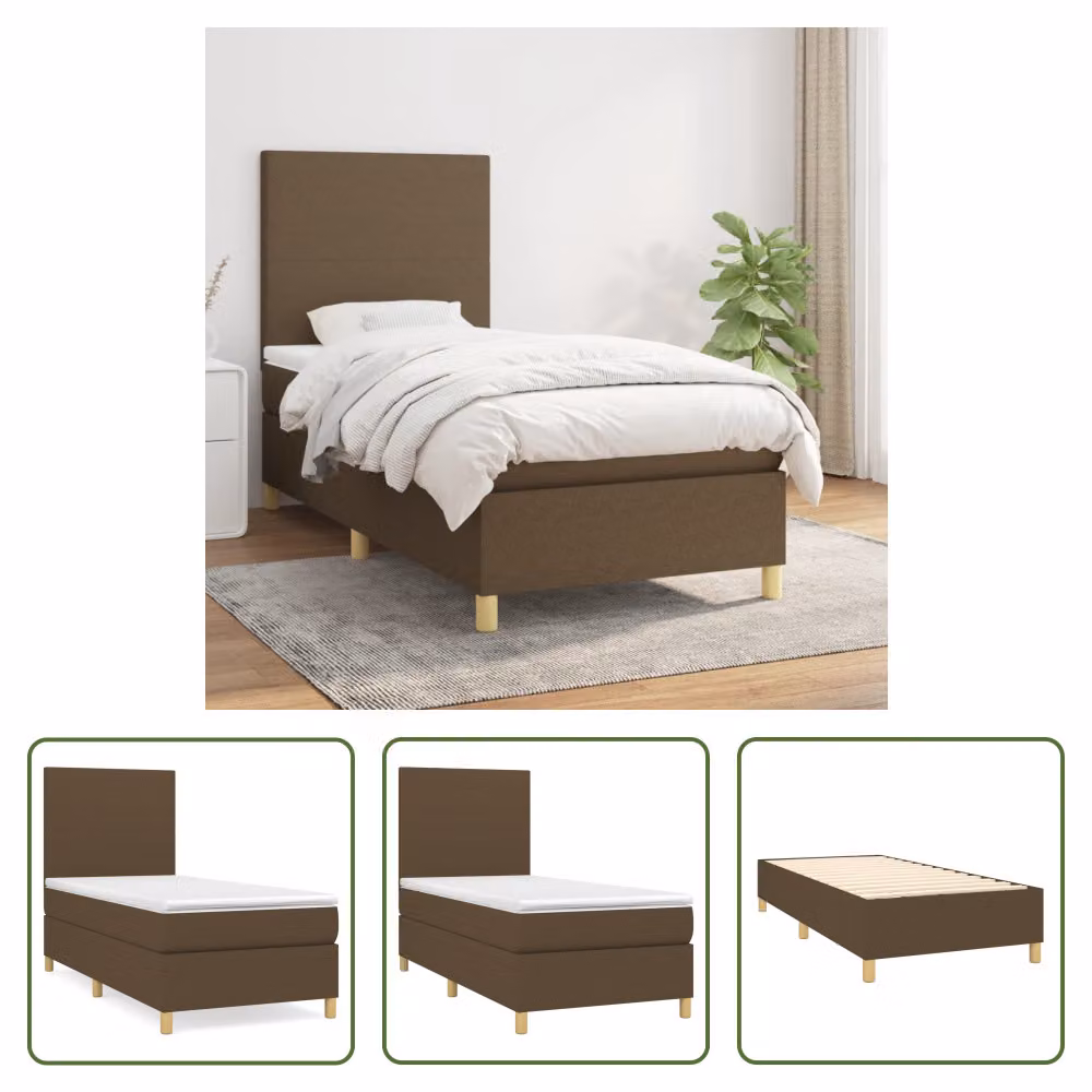 The Living Store Letto a molle con materasso marrone scuro 90x190 cm in tessuto