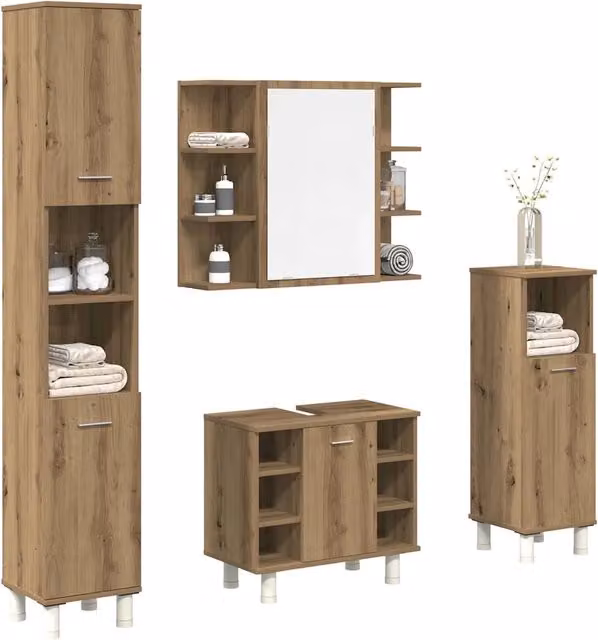 Set di mobili da bagno moderno vidaXL in legno color rovere con specchio LED, mobile lavabo e armadietti a parete