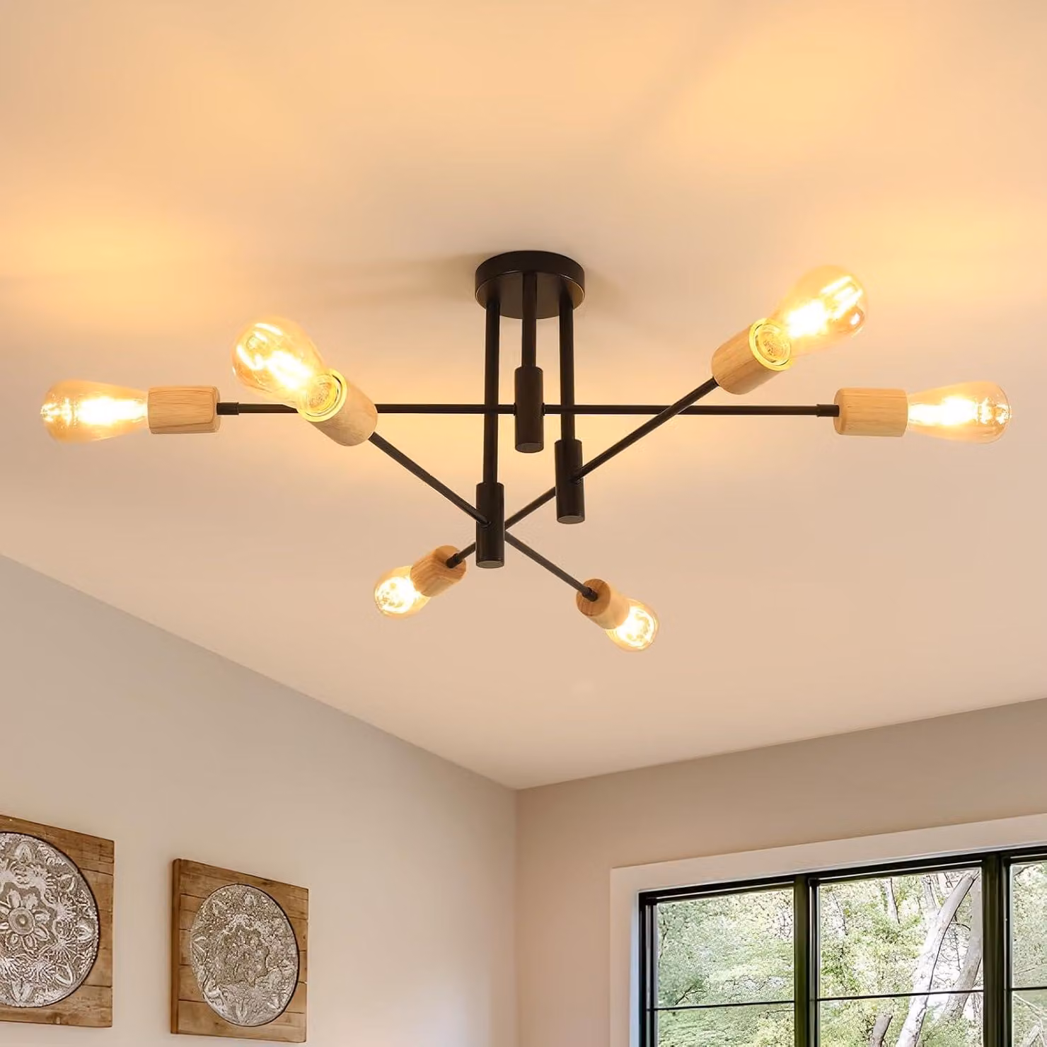 Lampada a soffitto vintage, attacco E27, design personalizzabile, lampada a soffitto industriale, lampada a soffitto retro nera, 6 luci in legno, ideale per camere da letto e corridoi