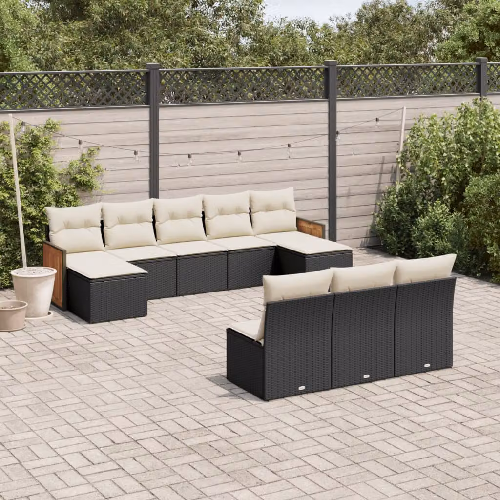 Set di divani da giardino vidaXL a forma di L con cuscini, polyrattan e struttura in acciaio nero e legno di acacia – 1
