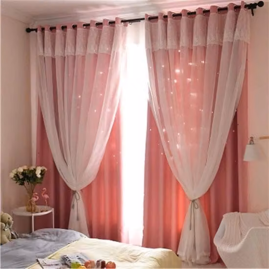 Tendina oscurante a doppia struttura con disegno a stelle laser tagliato, stile principessa per camera da letto, Rosa, L: 132 cm, H: 240 cm