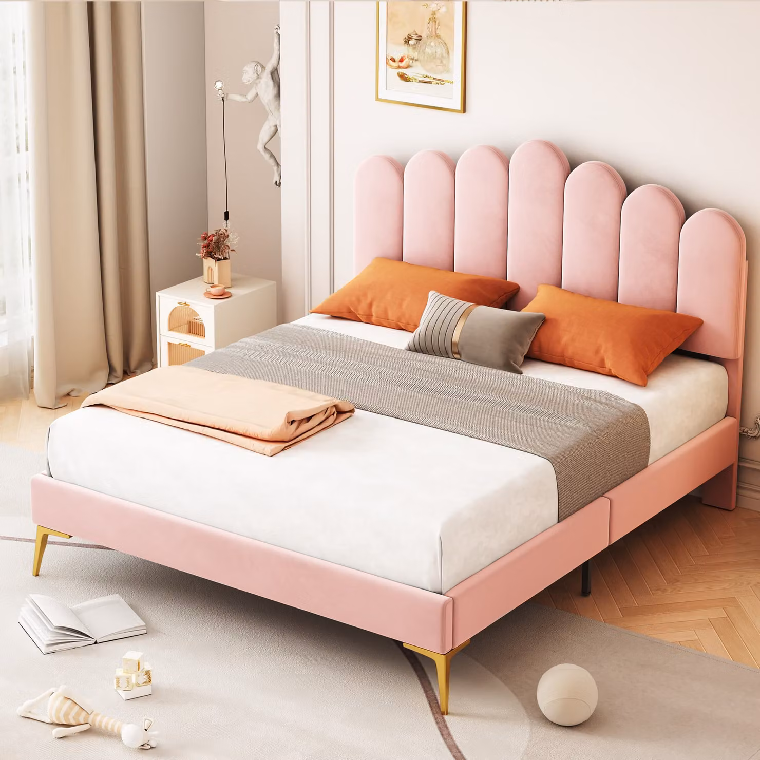 Letto imbottito Flieks 140x200cm con rete a doghe, letto per ragazzi letto matrimoniale con testiera a forma di steccato, letto per bambini letto in legno letto classico, velluto, rosa