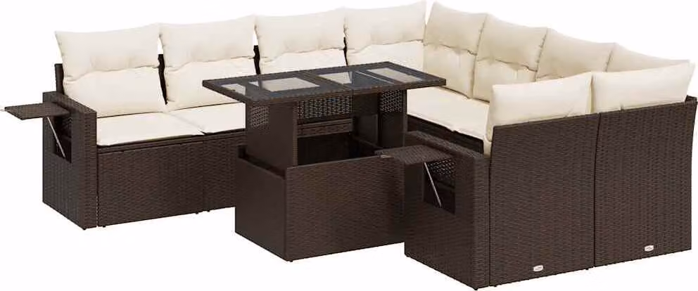 Set Divani da Giardino 9pz con Cuscini Marrone in Polyrattan