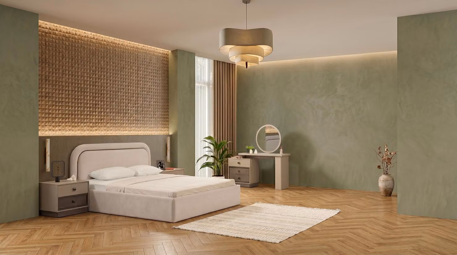 Set di mobili da camera da letto color beige, comprendente letto, comò, comodini e mobili di design, in stile moderno