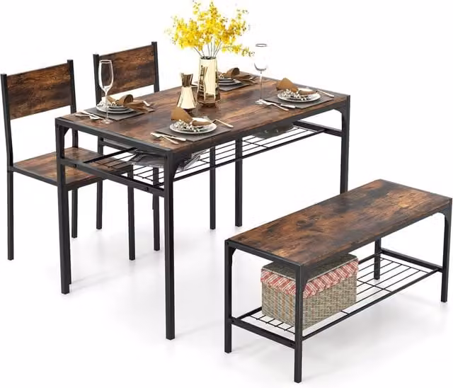 Set da Pranzo Industriale Costway composto da Tavolo Rettangolare, 2 Sedie e 1 Panca con Telaio in Metallo e Ripiano in Legno, Colore Marrone e Grigio