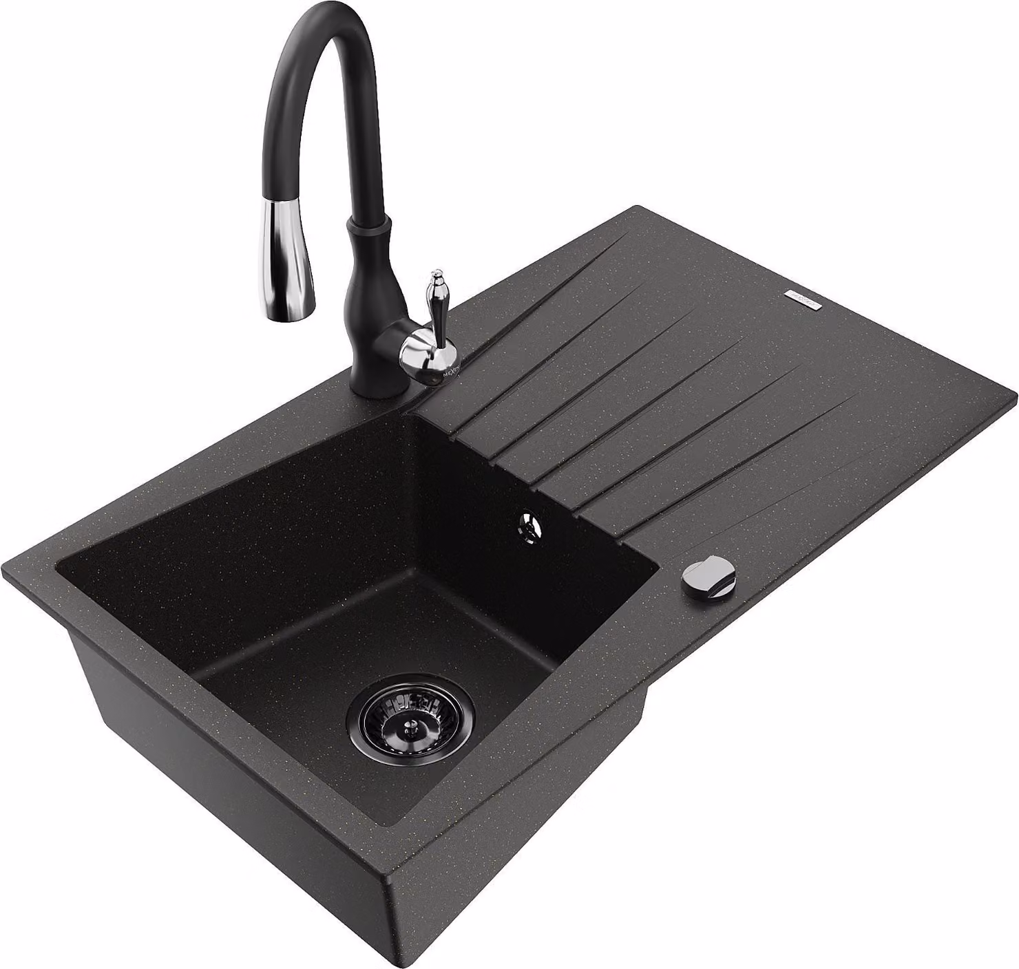Mexen Cesar lavello in granito a 1 vasca con sgocciolatoio e rubinetto da cucina Savita, nero/oro metallizzato
