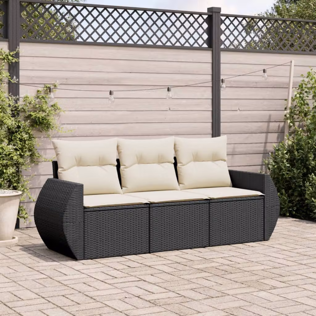 Set di Divani da Giardino vidaXL 3 Pezzi con Cuscini in Polyrattan e Struttura in Acciaio Nero