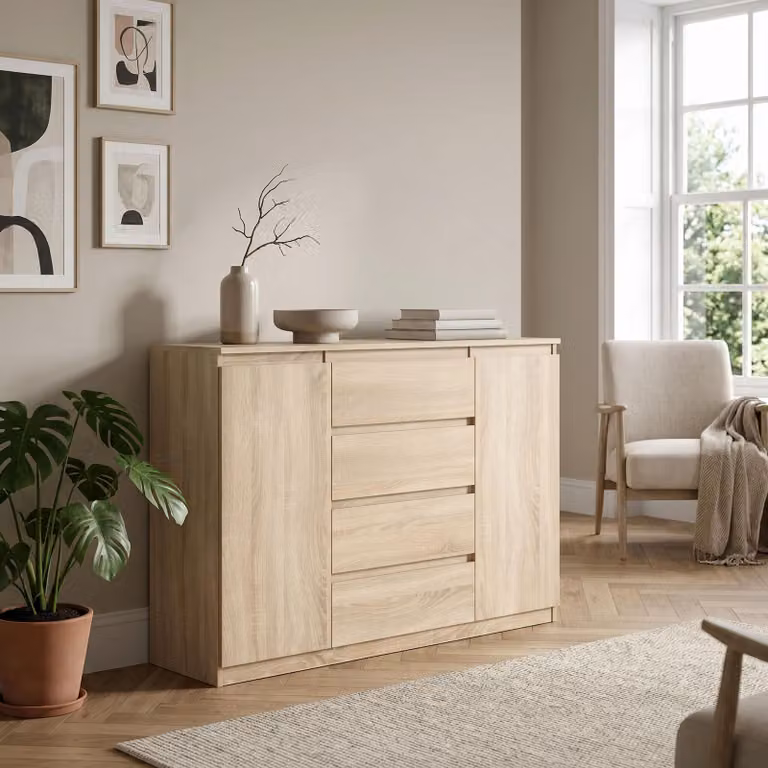 Comodà Masseno NUDO da 138,5 cm con 4 cassetti e 2 ante per soggiorno e camera da letto, stile moderno, 138,5x39x101,5 cm, rovere Sonoma / rovere Sonoma