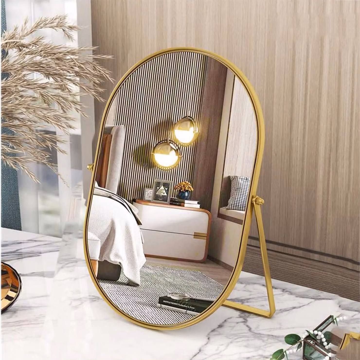 Specchio ovale da trucco, con cornice in metallo dorato, rotazione di 90 gradi, elemento decorativo da tavolo