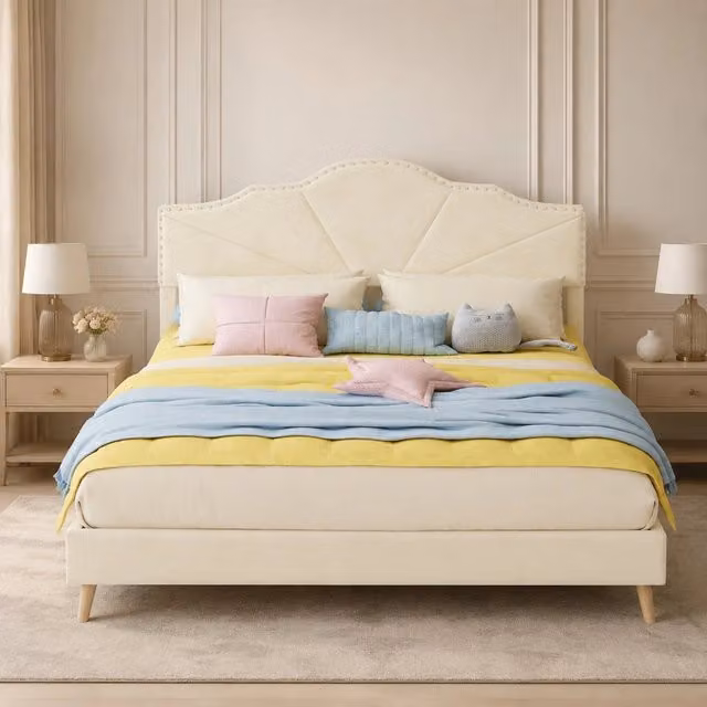 Letto matrimoniale 160x200 cm con testiera geometrica in tessuto beige e struttura in metallo