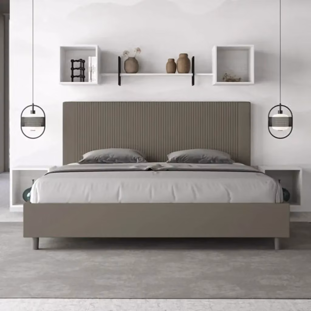 Letto matrimoniale king size Ityhome Goya con rete imbottita in similpelle color beige L: 230 cm, P: 215 cm, H: 122 cm – 2