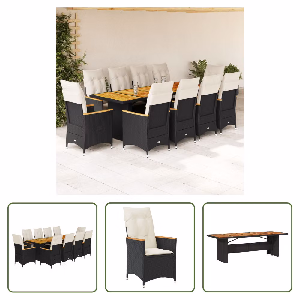 The Living Store Set bistrot da giardino da 11 pezzi con cuscini in poly rattan nero