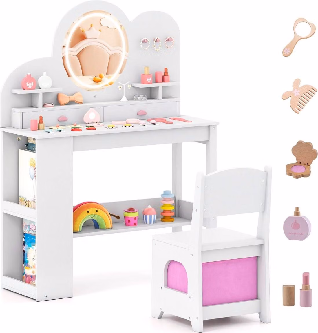 Set da toeletta per bambini con luci, specchio e sedia