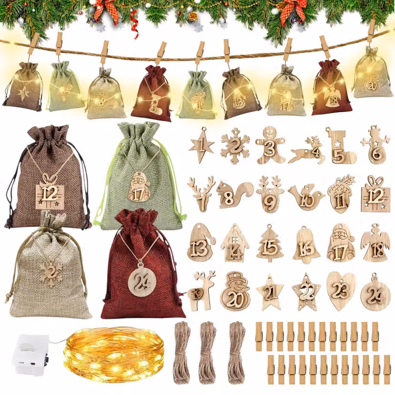 Calendario dell'Avvento da riempire, con 24 tasche e una catena luminosa