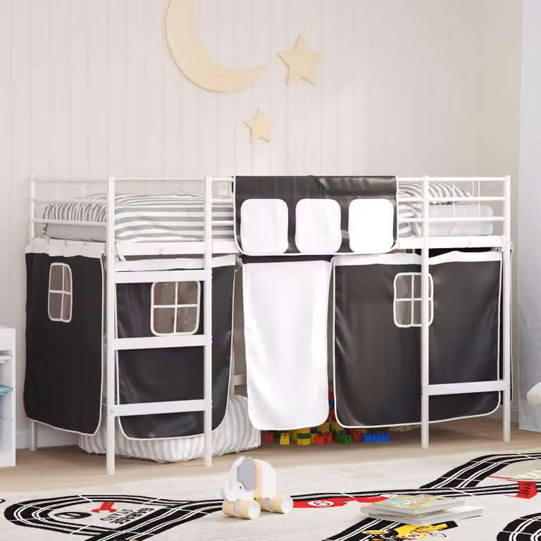 Letto a castello singolo per bambini vidaXL in metallo con tendine Bianco e Nero L/P/H: 190 x 90 x 150 cm