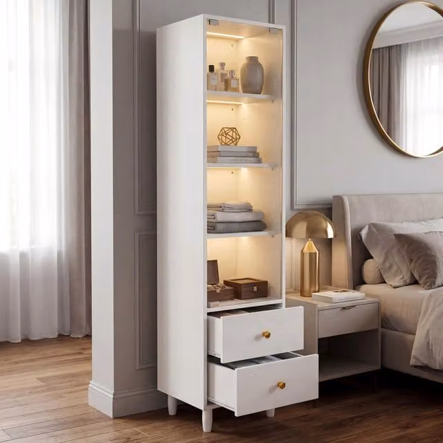 Vetrina moderna WISHDOR bianca con ante in vetro, illuminazione integrata e cassetti, H 165 x L 40 x P 35 cm