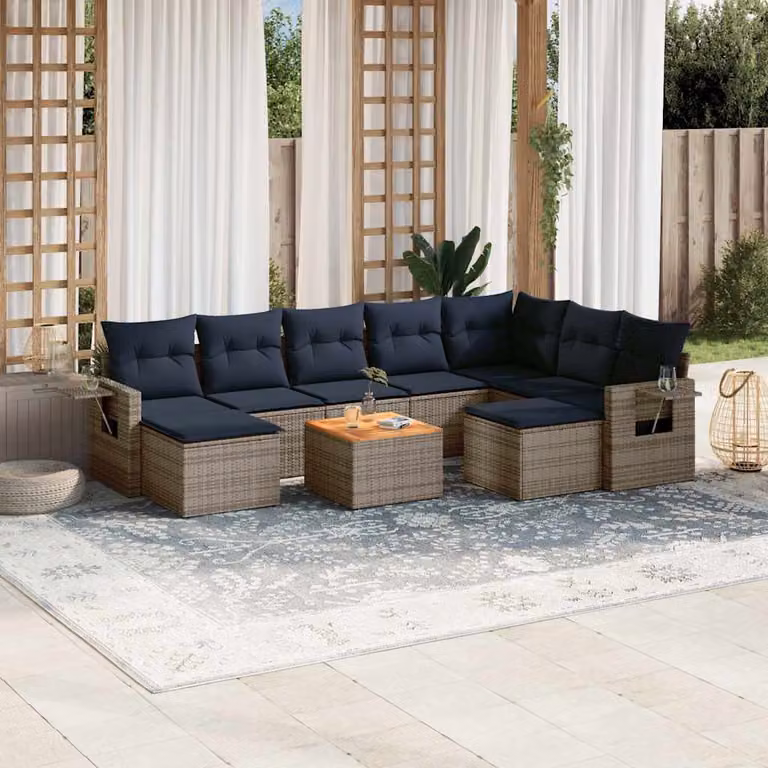 Set di divani da giardino vidaXL 10 pezzi con cuscini grigi e blu in rattan e acciaio con tavolino e pouf per esterno