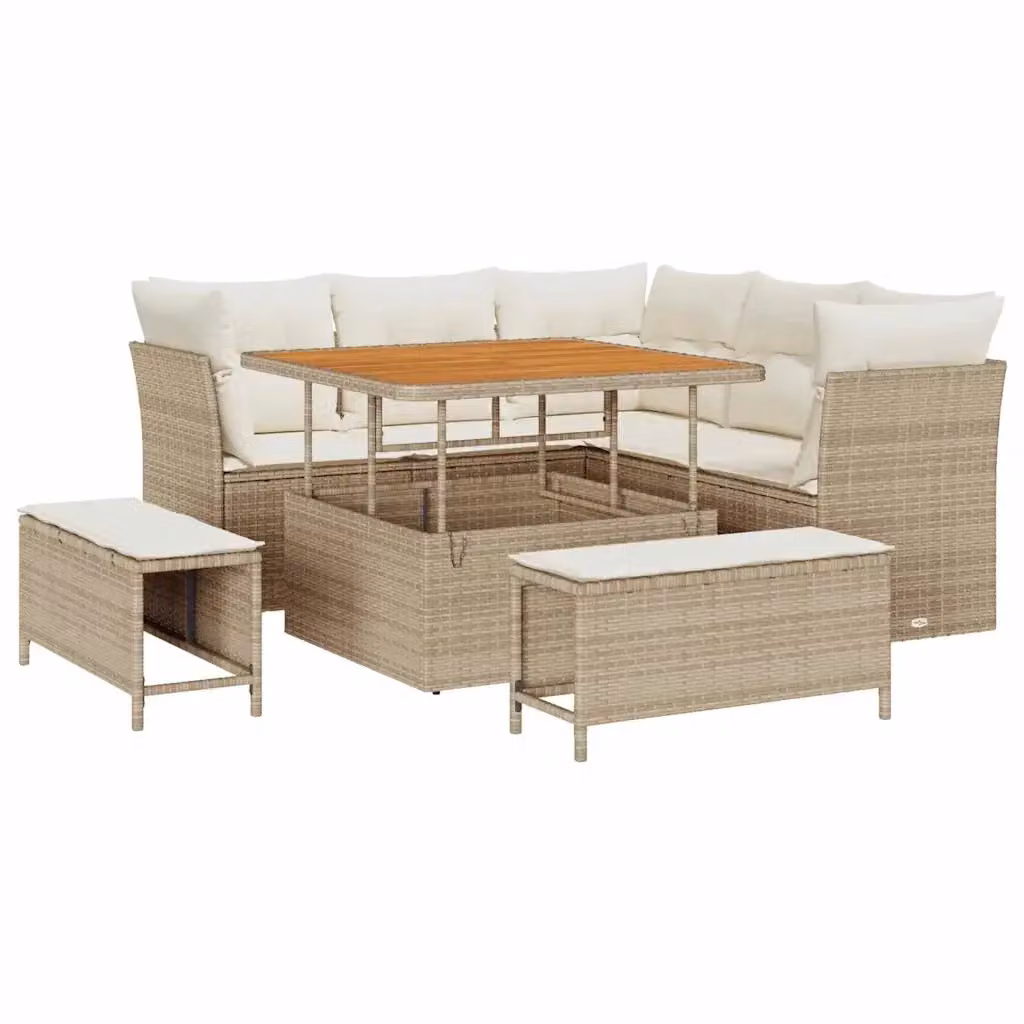 Set Divano da Giardino vidaXL 8 Pezzi a Forma di L con Tavolino e Pouf Beige e Bianco – 2