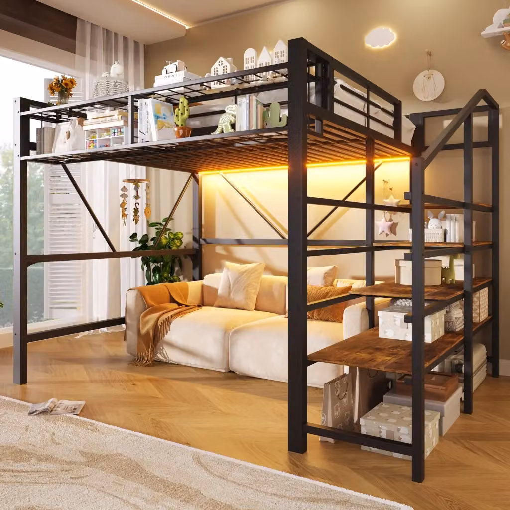 Letto a soppalco REDOM in metallo e MDF nero con scala e illuminazione LED L/P: 140 x 200 cm – 2