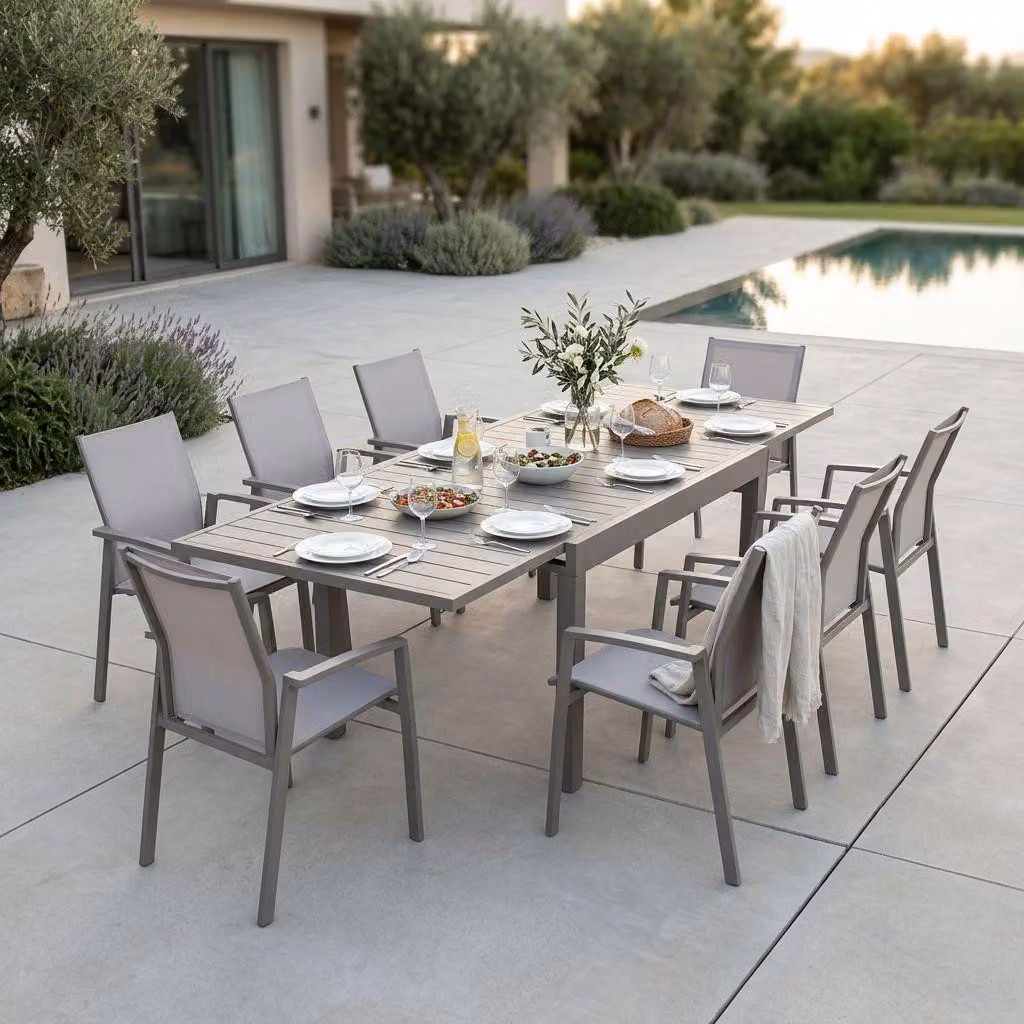 Milani Home - Set tavolo e sedie da giardino per esterno in alluminio cm 135/270x90x75 h con 8 sedute colore Taupe - Taupe