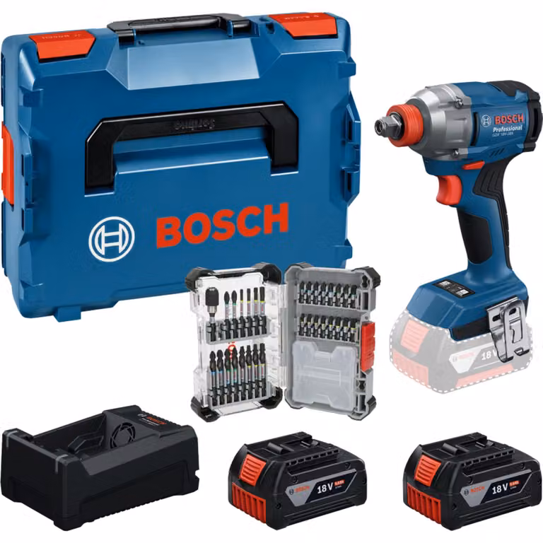 Set di utensili Bosch: GDX 18V-285 + 2 batterie GBA da 5,0 Ah + GAL + set di 31 punte in L-BOXX