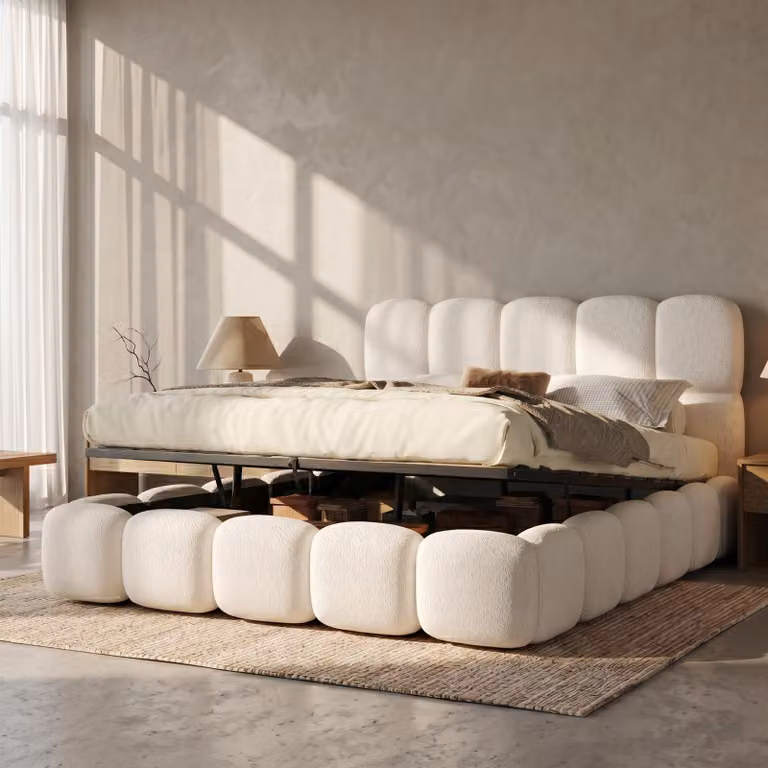 Letto imbottito idraulico Flieks 180x200 cm con contenitore, letto matrimoniale con contenitore e rete a doghe, letto per ragazzi in legno con testiera, bouclé, bianco