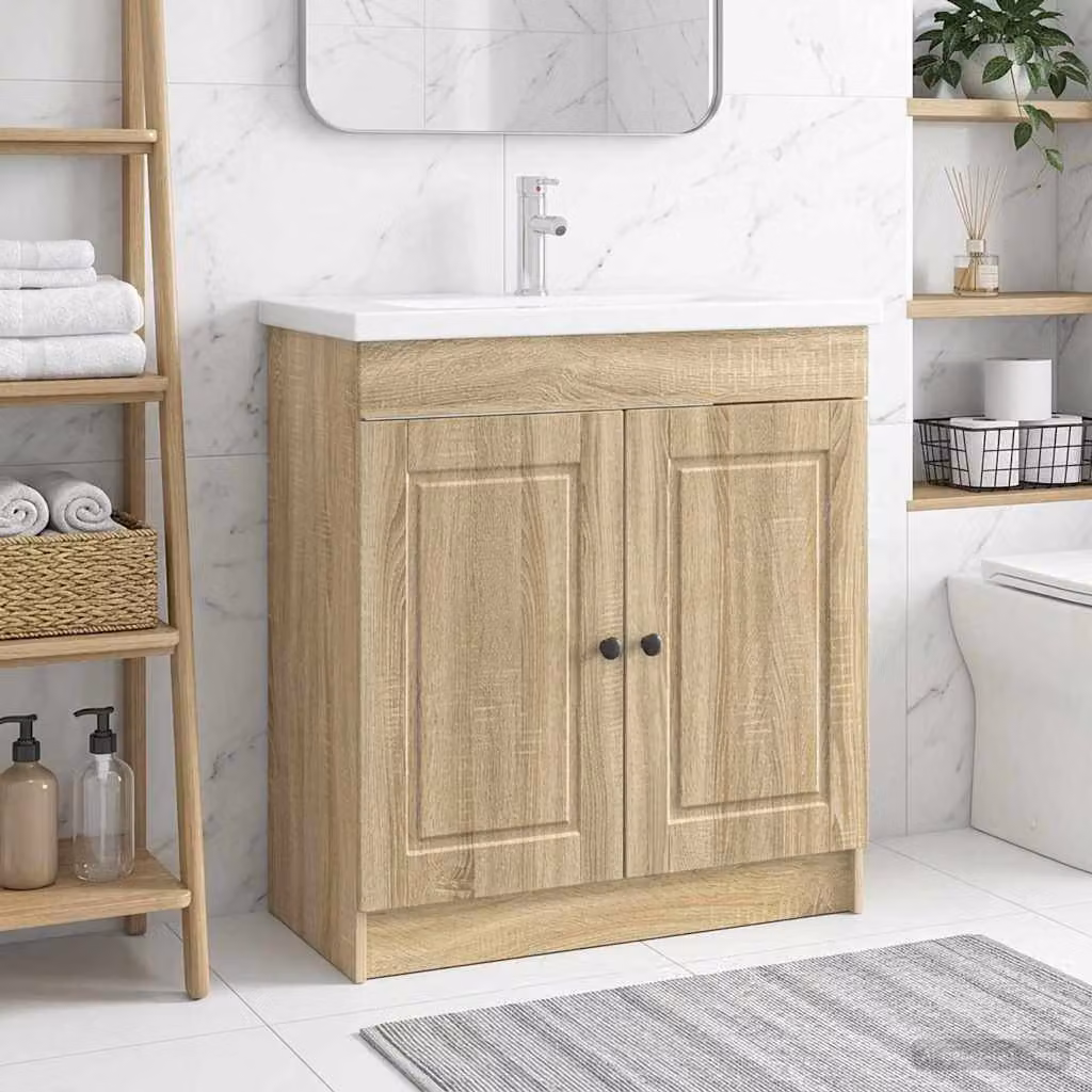 Mobiletto da bagno sotto il lavello vidaXL Rovere Sonoma, colore marrone, con ante a battente e ripiani interni, L: 81,0 cm, P: 37,5 cm, H: 56,0 cm