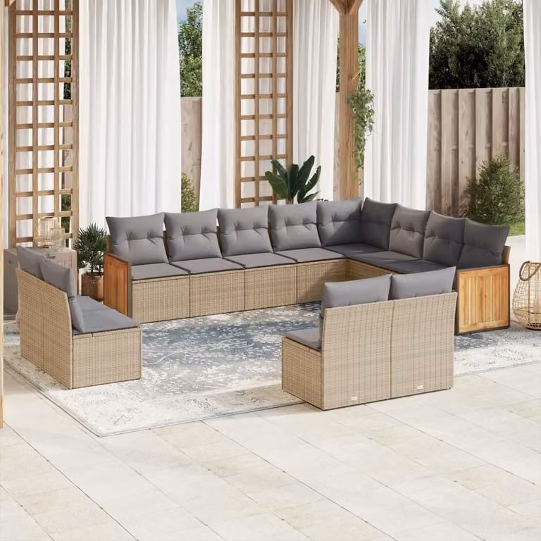 vidaXL Set Divani da Giardino a Forma di U in Polyrattan e Legno di Acacia con Cuscini Beige e Grigio