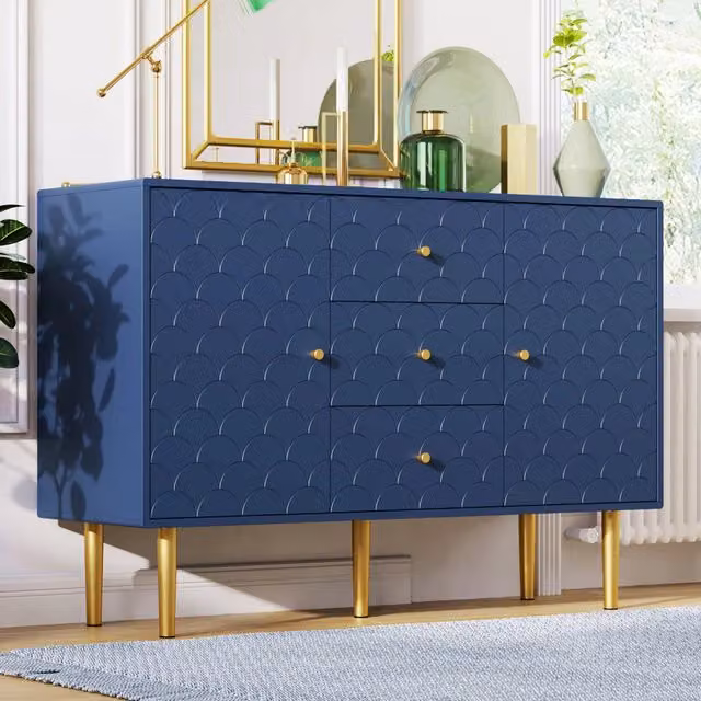Comò Sideboard WISHDOR moderno con 2 ante e 3 cassetti, finitura opaca Blu, L/P/H: 120 x 40 x 83 cm