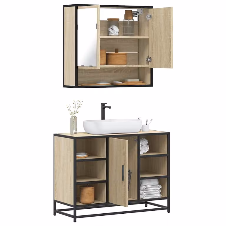 Set di mobili da bagno vidaXL in stile industriale composto da mobile lavabo e armadietto con specchio, colore beige rovere, L/P/H: 80 x 33 x 60 cm