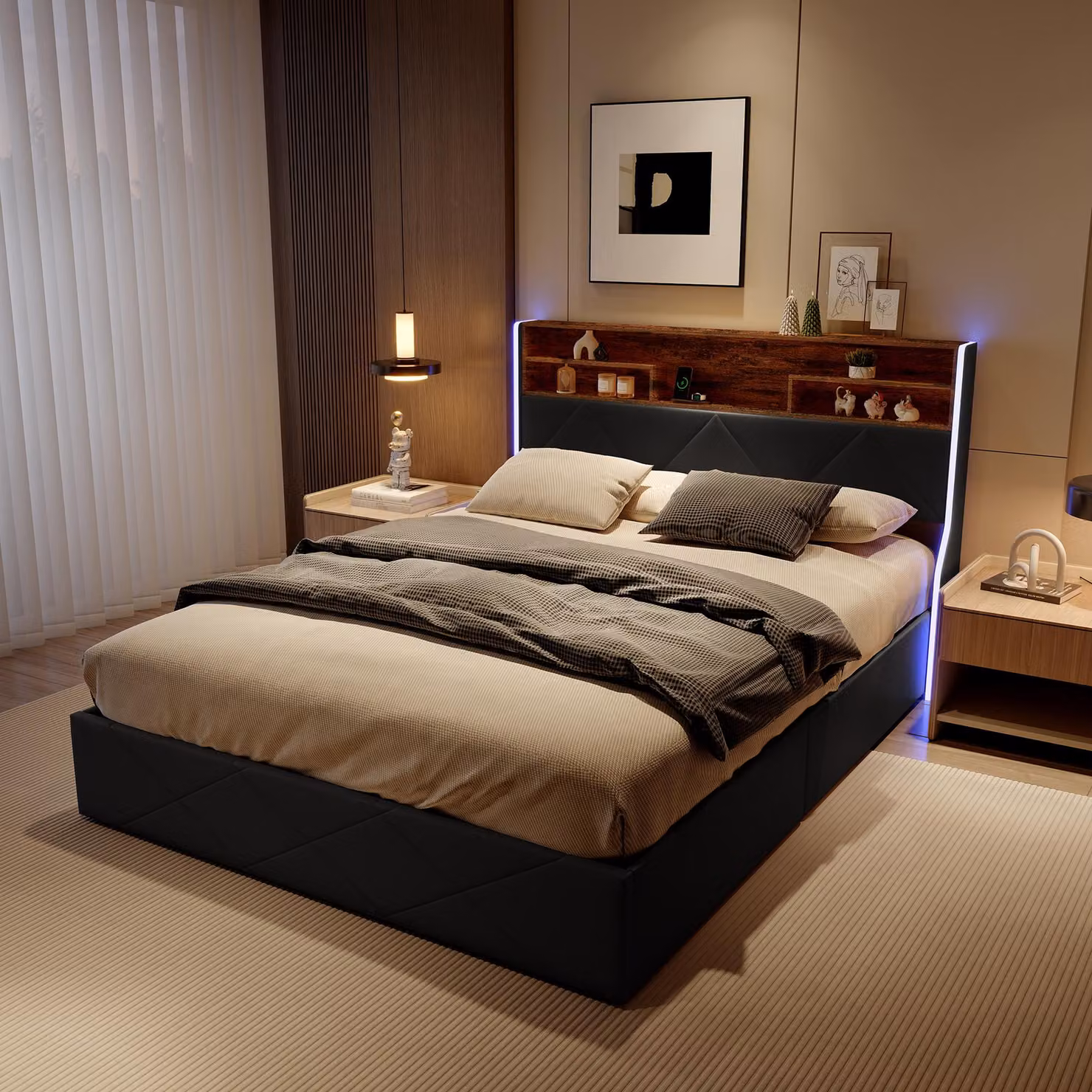 UnboxG Letto imbottito 160x200cm con connessioni USB, letto giovanile letto matrimoniale letto contenitore con LED, letto a molle idrauliche, PU, nero