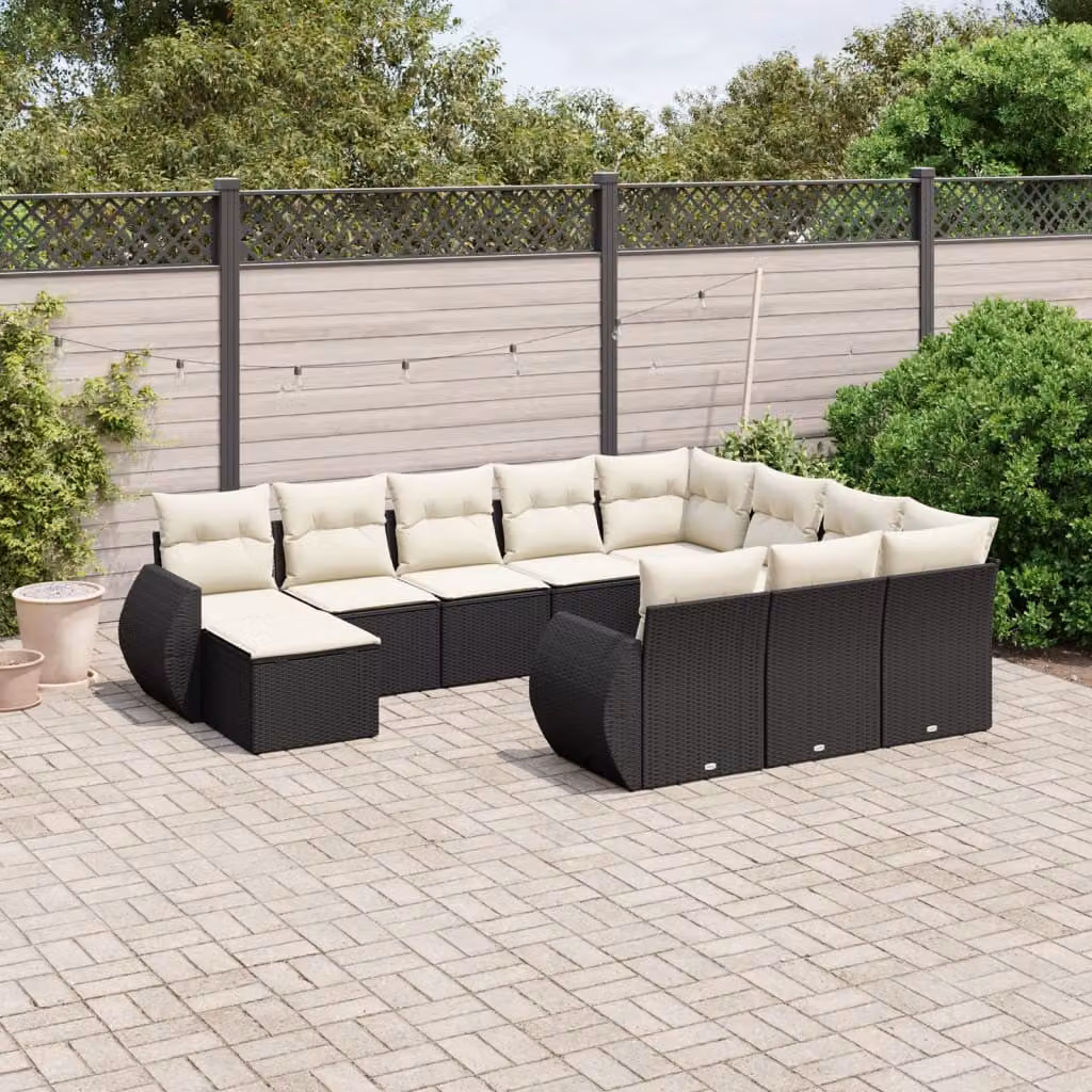 vidaXL Set Divani da Giardino 11 pz in Polyrattan Nero con Cuscini e Tavolino da Esterno – 1