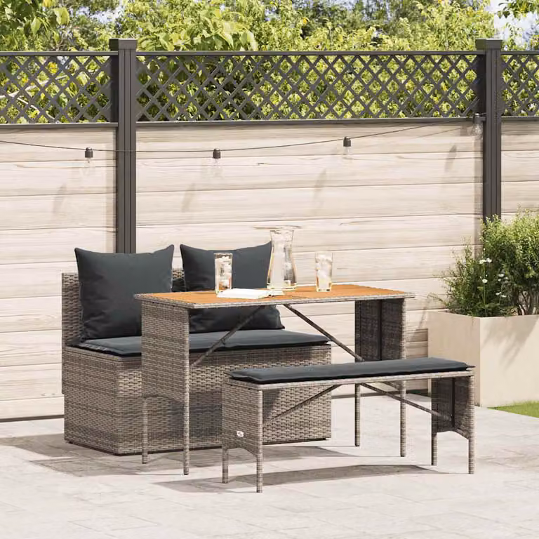 Set da Pranzo da Giardino vidaXL in Polyrattan e Legno di Acacia Grigio con 3 Pezzi e Cuscini