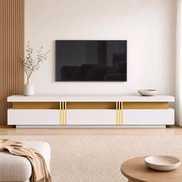 Mobile TV basso 200 x 40 x 42 cm con 3 cassetti e passacavo; bianco effetto marmo