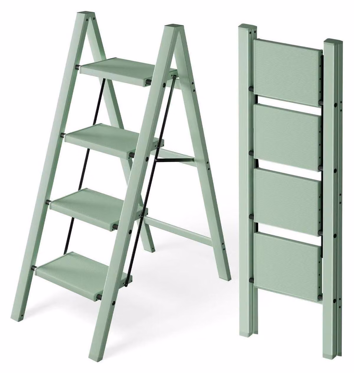 Scala a 4 gradini in alluminio, colore verde chiaro, pieghevole