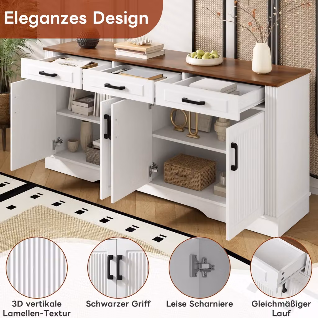 Sideboard moderno REDOM in MDF laccato con 3 cassetti e 4 ante, L/P/H: 160 x 40 x 75 cm, Bianco e Nero – 2
