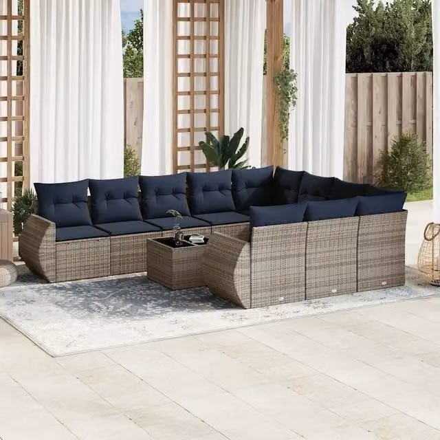 Set Divani da Giardino 11 pz con Cuscini Grigio in Polyrattan 3221900